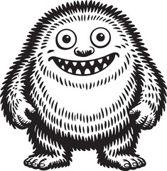 Black and white woodcut style illustration of friendly monster character with spiky fur, wide grin, and round body in vintage linocut print art