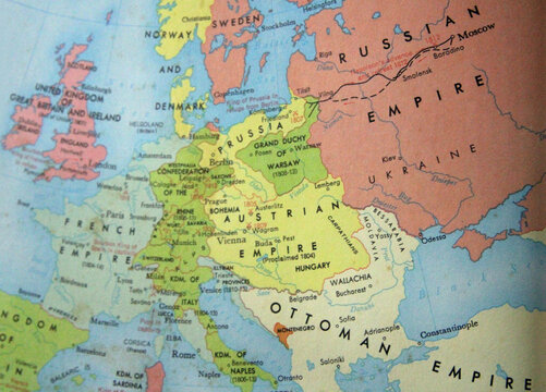 Historical map of Europe during the Napoleonic Wars 1810, showing the French Empire, Austrian Empire, Prussia, Russia, Ottoman Empire, and key cities like Paris, Vienna, Berlin, and Moscow.