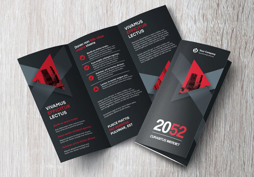 Corporate brochure design template &ndash; Professional modern tri-fold leaflet with geometric layout and business theme in Red and Black