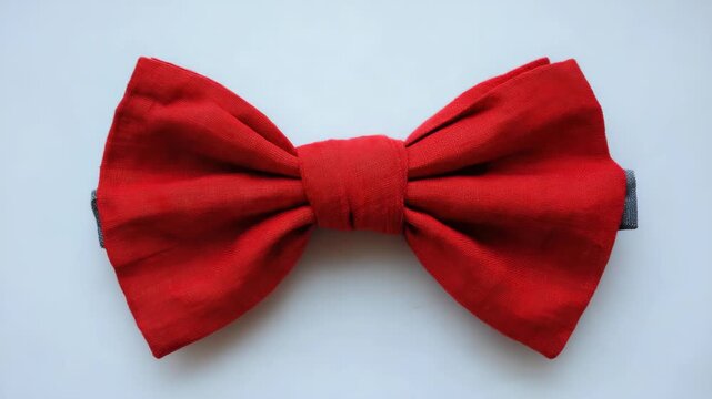 Bright red fabric bow tie with a textured surface, photographed in closeup on a plain white background, symbolizing fashion elegance
