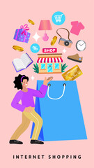 Happy customer with a shopping bag in an internet shopping concept. Woman buying goods from an online store with credit card. Vector for e-commerce, retail sale, and promotion.