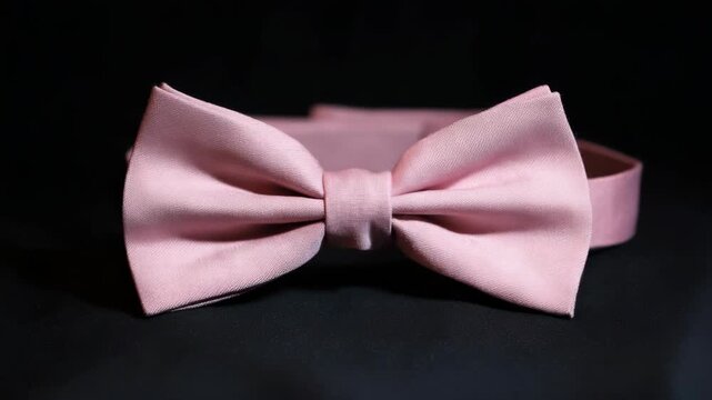 Close-up of a pink silk bow tie, realistic photography style, set on a black background, symbolizing elegance and formal fashion