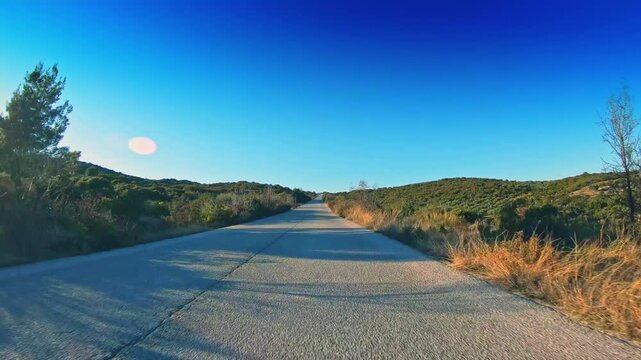 Countryside POV drive car travel, green orchards, blue sky sunny horizon