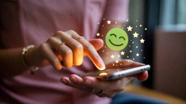Digital Touch of Happiness: A person's hand delicately interacts with a smartphone, a beaming emoji floats in the air, and a cascade of stars dances, reflecting the joy of digital connection.