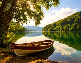 Fototapeta premium Serene lake scene with boat