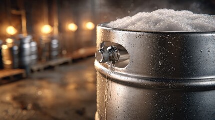 Sparkling Brewery Essence: Capturing the essence of a lively brewery with a full keg of freshly brewed beer, the image is a photorealistic exploration of flavors and experience