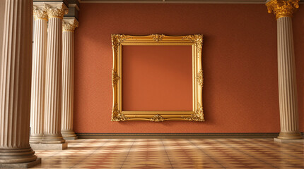 Museum with colonnade and empty golden frame on wall - 3d rendering