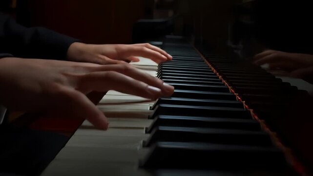 Close-up shot featuring hands playing an enchanting melody on a grand piano