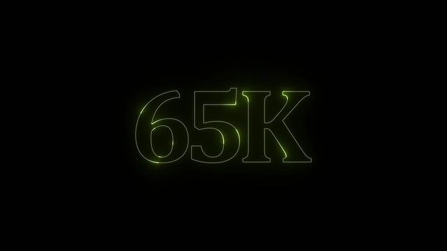 Glowing neon 65K light text animation. Shining neon number motion graphic for 65K followers and subscribers celebration. Social media milestone achievement, Motion graphics of 65K concept.