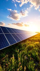 Solar Panels in a Field at Sunset.