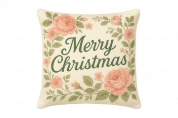 Christmas pillow showing vintage roses and merry christmas greeting with green text, festive holiday decoration