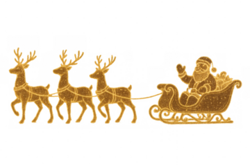 Santa claus riding sleigh pulled by golden reindeer light decoration