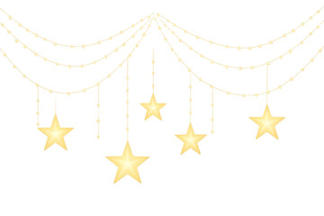 String lights garland with glowing stars on transparent background