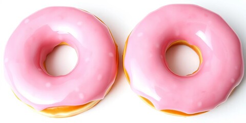 Two pink glazed donuts, side-by-side on white background,  sweet treat,  confection