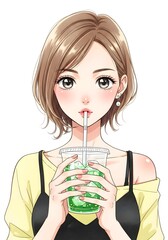 アニメの女の子と緑茶トリンクのイラスト