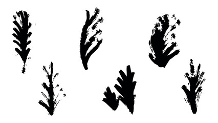 Fototapeta premium Collection of black leaves drawn with dry brush, tree branches drawn with ink, field with flowers, pattern with grunge flowers and leaves, black stems with various flowers, blots in the form of leaves