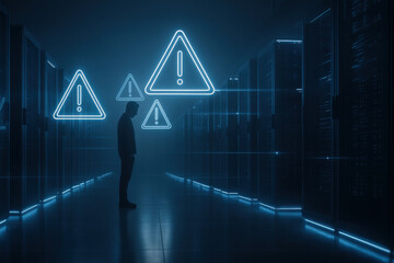 Silhouette stands in dimly lit server room with glowing warning symbols highlighting AI safety concerns