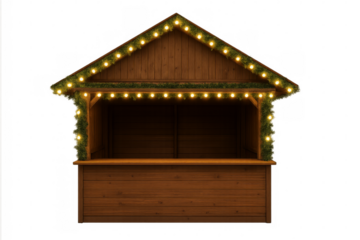 Christmas market stall with festive lights and transparent background