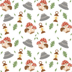 A Whimsical Forest Floor Scene Featuring Charming Red-Capped Mushrooms, Glowing Lanterns, and Stacked Stones