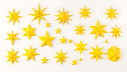 Yellow paper stars arranged in various sizes on a white background.