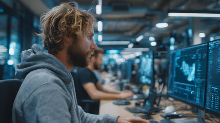 Data scientists work in a modern office of a technology company on the development of a quantum computer. Science, technology, big data and blockchain concept.