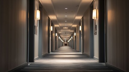 ホテルの廊下と整然と並ぶ客室ドア
