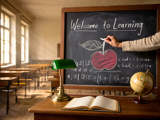 Classroom Scene with Chalkboard Welcome to Learning and School Supplies