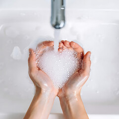 Fototapeta premium Washing hands with soap under running water for hygiene and protection