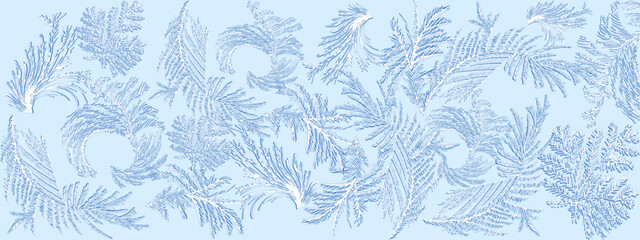 background is a pattern drawn by frost in winter on glass on a blue background.Close-up, long [???????????????].ai