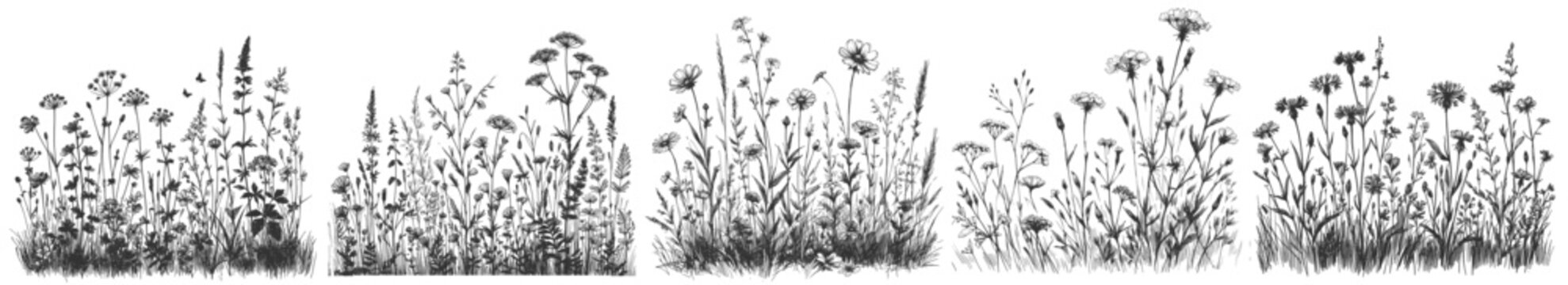 Botanical Meadow Sketch &ndash; Elegant Black and White Line Art wildflower linework sketch hand drawn pen grass drawing vector illustration