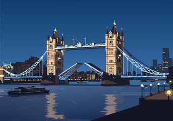Fototapeta premium Vector illustration of London's iconic Tower Bridge at night with a boat on the Thames river