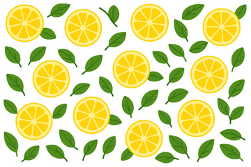 Lemon fruit slices and green leaves seamless pattern on white background. Exotic tropical citrus background for summer. Healthy food vector illustration for textile and wrapping paper.