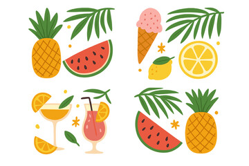 Creative summer tropical vector set with pineapple, watermelon, lemon, ice cream, palm leaves, cocktails, and summer lettering quotes for flyer, poster design