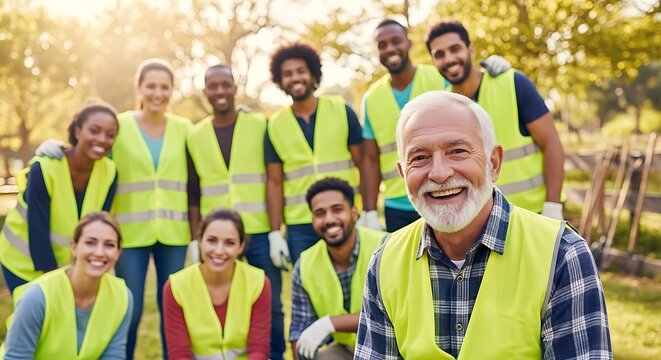 A diverse group of cheerful volunteers, wearing bright yellow vests, smiles warmly at the camera in a park setting.