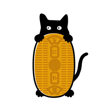 cat with japanese old coin