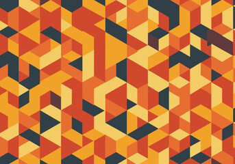 Geometric mosaic background with orange, yellow and black cubes, triangles and rhombuses, concept for retro style backdrop, modern decoration and architectural visualization