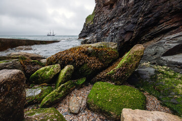 Algae and seaweed covered large rocks at shore near city of Charlestown in Cornwall, small classic sail ship on sea distance