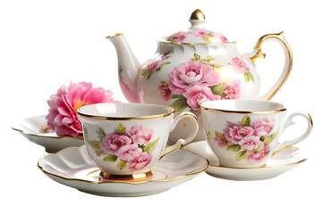 White porcelain tea set with pink floral pattern and gold trim teapot teacup isolated on a transparent background