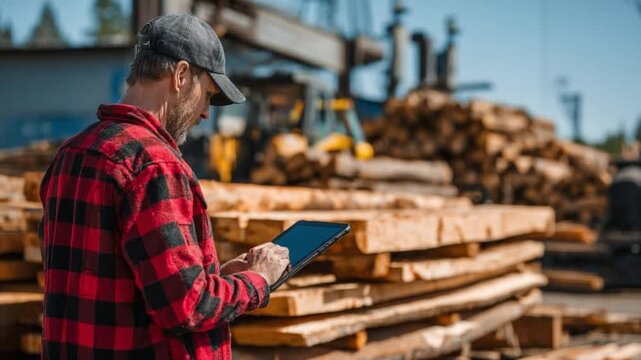 Lumber Yard's Foreman at Work: A seasoned foreman, clad in a classic red and black checked shirt and cap, carefully surveys a stack of fresh-cut lumber, engrossed in a tablet for quality assessment.