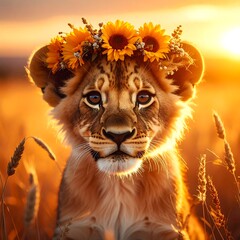 Adorable Lion Cub with Sunflower Crown.
