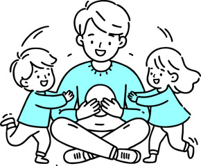 hand drawn flat vector design illustration of a happy man with children playing together.Great for Father’s Day, education