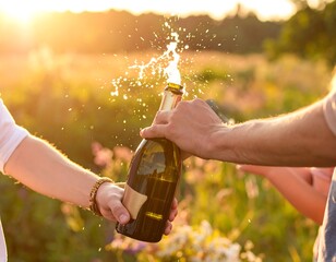 Celebration with Sparkling Wine in Field.