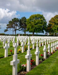 Rows of white crosses in a cemetery