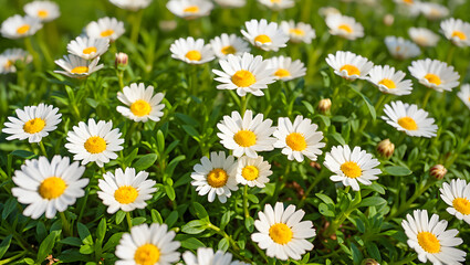 Close-up of many small white daisies with yellow centers blooming in green grass