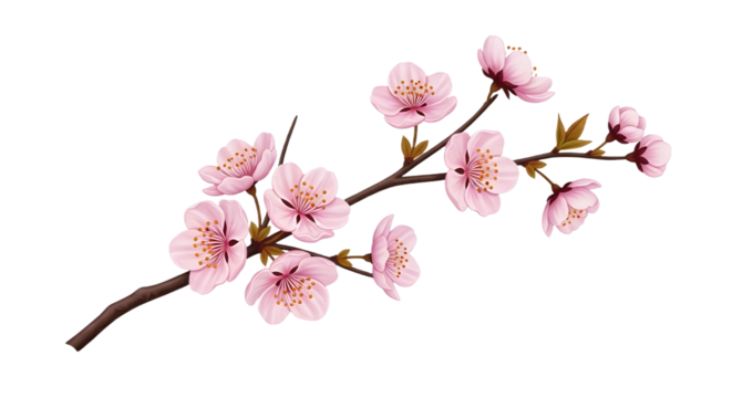 Cherry blossom branch with pink flowers in bloom isolated PNG with Transparent Background