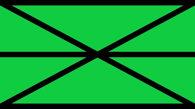 Green screen video template with diagonal and horizontal black dividers forming an X-shape. Dynamic green screen layout with bold X-shaped black dividers.