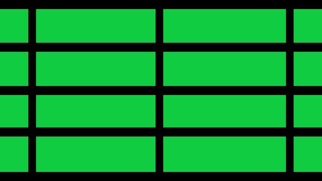 Green screen video template with black grid dividers forming multiple panels. Multi-panel green screen layout with horizontal and vertical black frames. Ideal for split compositions, video walls