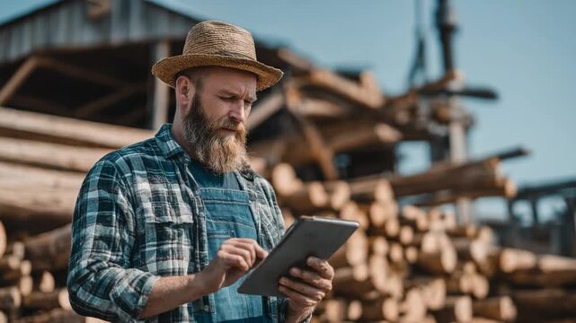 Bearded Lumberjack with Tablet: A focused lumberjack with a thick beard, clad in a plaid shirt and hat, engrossed in using a tablet amidst a pile of timber logs.