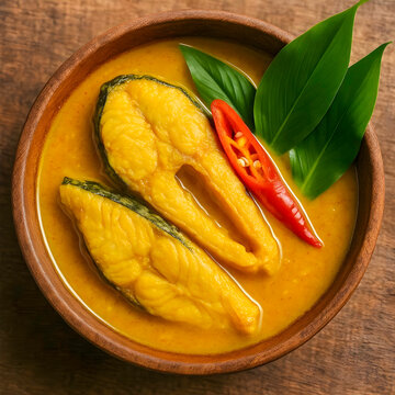 A traditional Malaysian dish called Patin Tempoyak with river catfish in rich fermented durian paste gravy. 