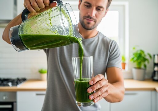 Young man pouring chlorella smoothie into glass in modern kitchen